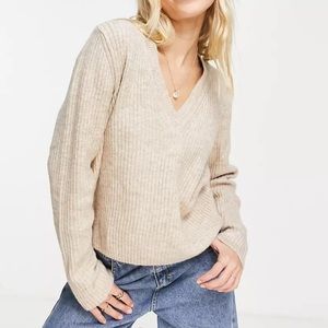 ASOS DESIGN boxy sweater in v neck with rib in stone